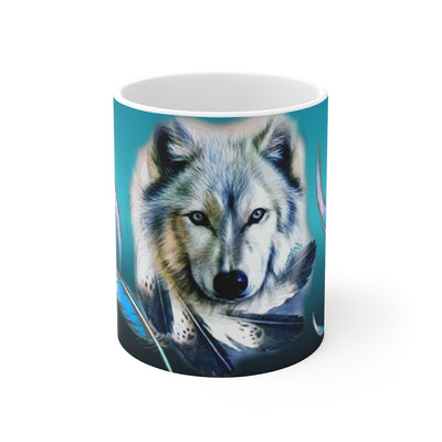 Turquoise Wolf Feather Mug 11oz
