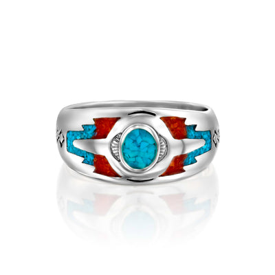 Wolvestuff’s Sleeping Beauty Mountain Ring on a white background, The turquoise centre is very prominent and red arrow tips. .