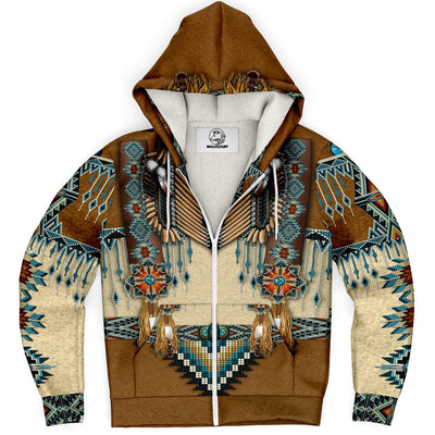 Micro fleece hoodie for men or women with unique designs inspired by wolves and native American culture, bright colors and details.